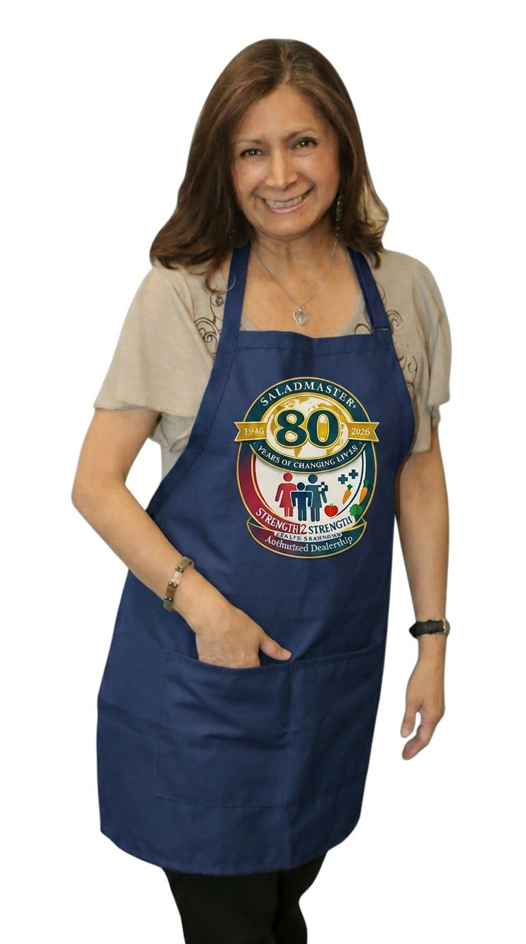 Navy blue apron featuring the Strength 2 Strength 80 Years of Changing Lives anniversary badge