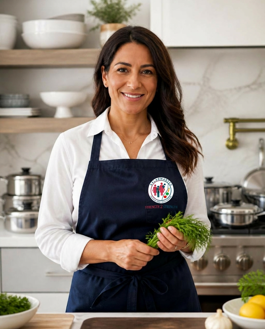 Strength 2 Strength founder in a navy blue apron with fresh herbs in a stainless steel kitchen