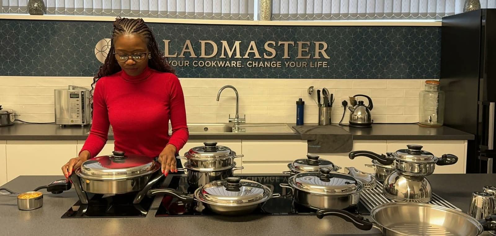 Full Saladmaster cookware lineup on the studio hob