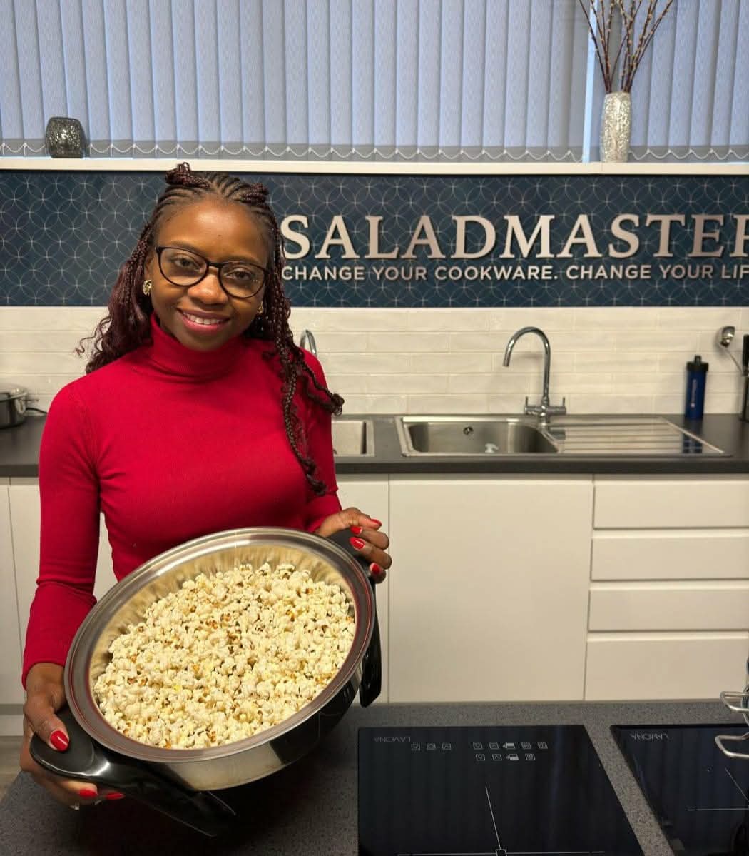 Oil-free popcorn made in Saladmaster cookware