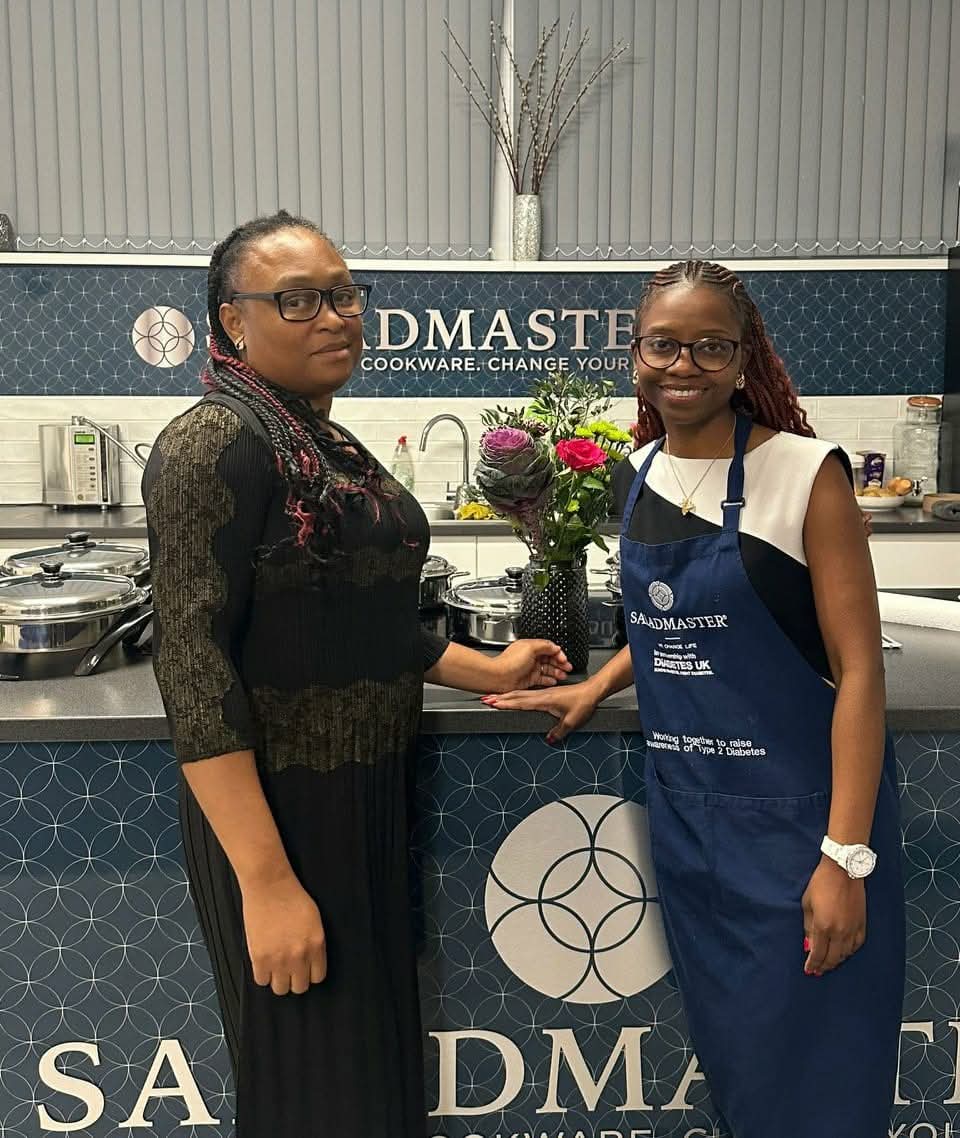 Cooking experience guest with the Saladmaster Diabetes UK awareness apron at the Leeds studio