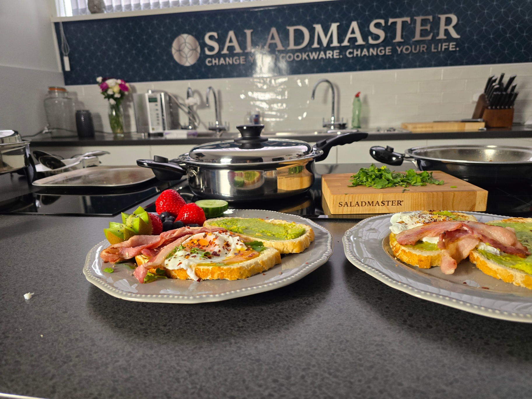 Breakfast plates and Saladmaster cookware in the Leeds studio